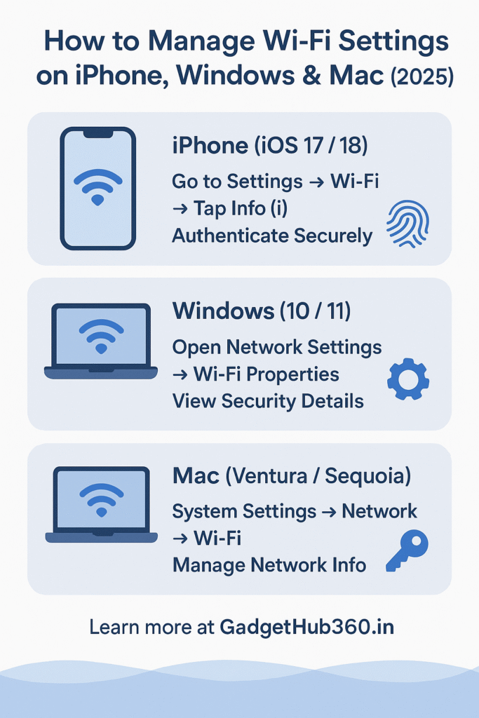 Infographic showing WiFi password show steps on iPhone, Windows, and Mac.
