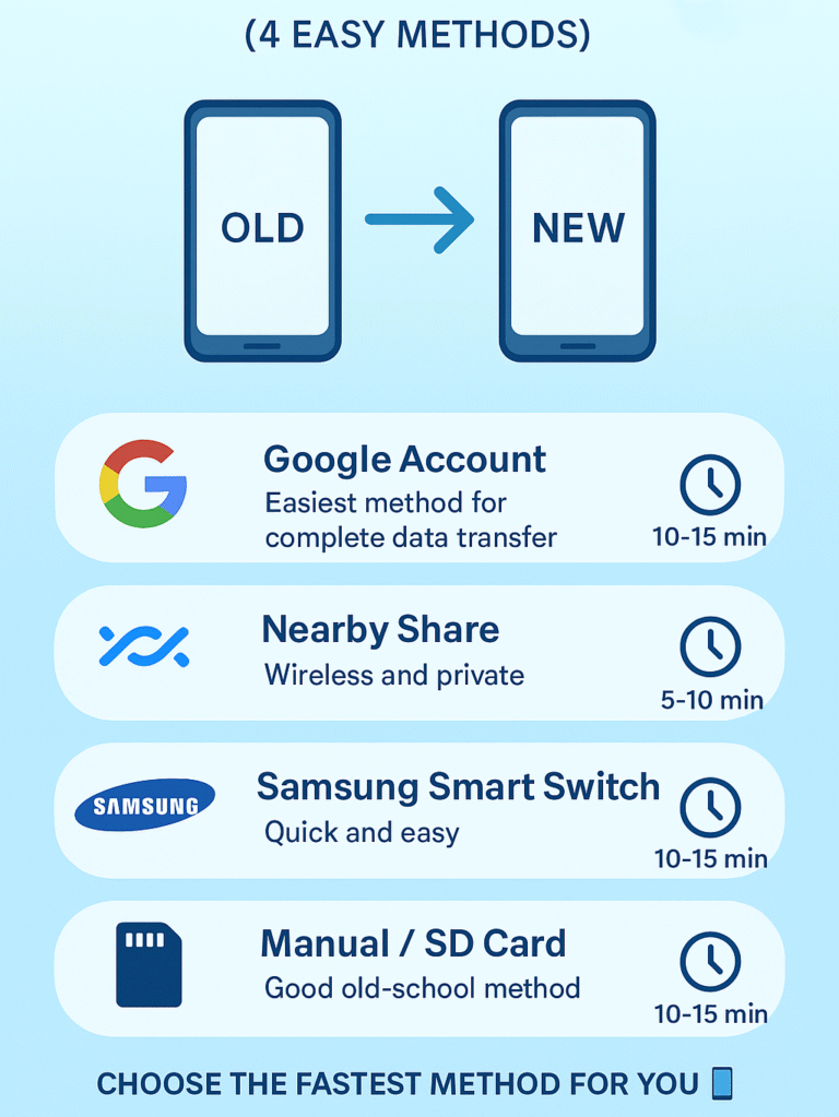 How to transfer data from old phone to new phone step-by-step infographic.