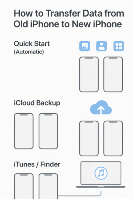 Guide showing three iPhone data transfer methods: Quick Start, iCloud Backup, and iTunes/Finder.