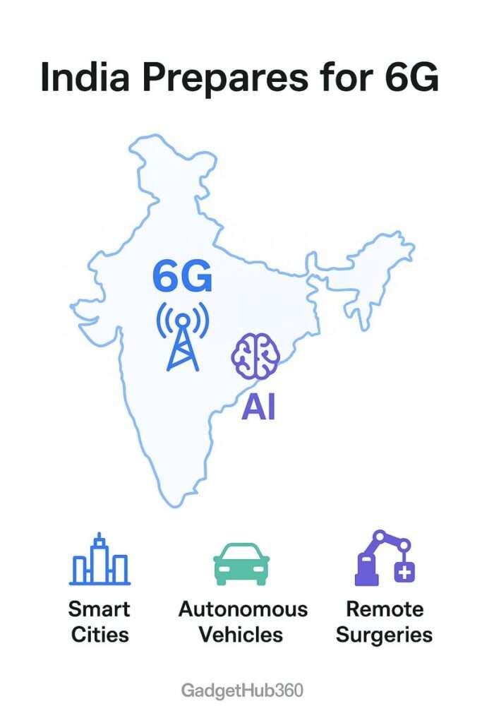 "India map with 6G and AI icons, plus Smart Cities, Autonomous Vehicles, Remote Surgeries.