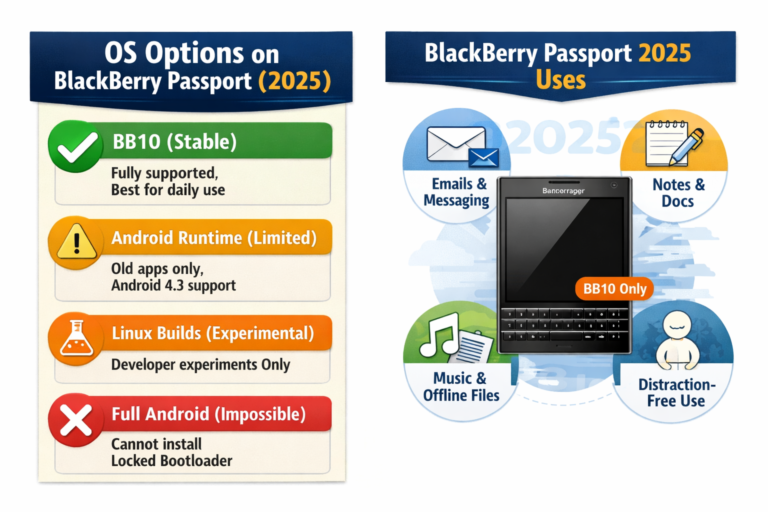 What OS can be installed on BlackBerry Passport 2025: BB10 (stable), Android Runtime (limited), Linux builds (experimental), and full Android (impossible)